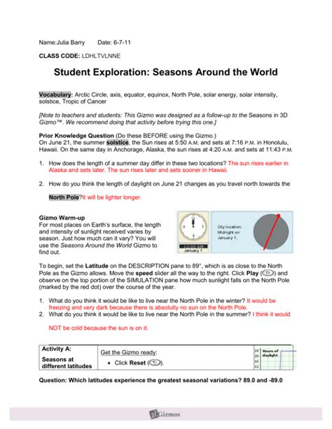 Gizmo Warm-up Seasons in the Southern Hemisphere are different from seasons in the Northern Hemisphere (north of the equator. . Gizmo seasons in 3d answers